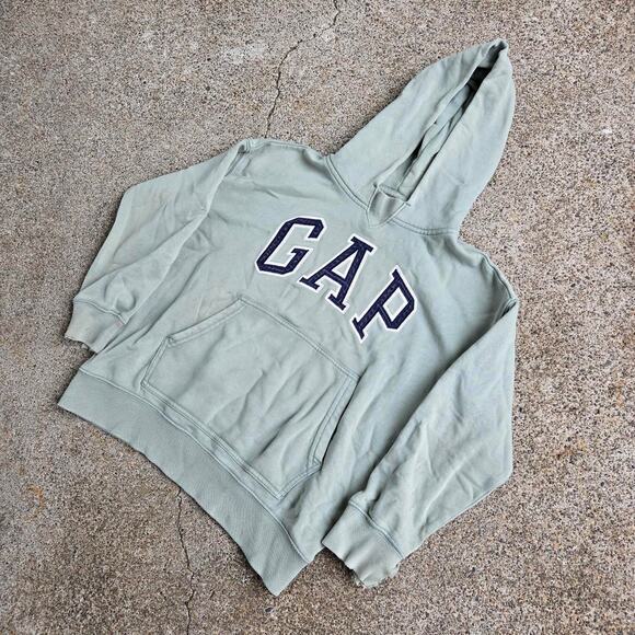 Vtg Y2k GAP Embroidered Arc Logo Spellout Earthtone Hooded Sweatshirt XXS Fit - Picture 2 of 7